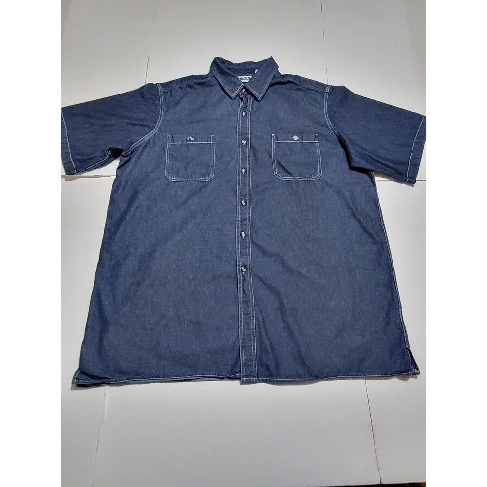 (#L6) King Size Denim Shirt Mens 2XL Blue Short Sleeve Button Down Pocket